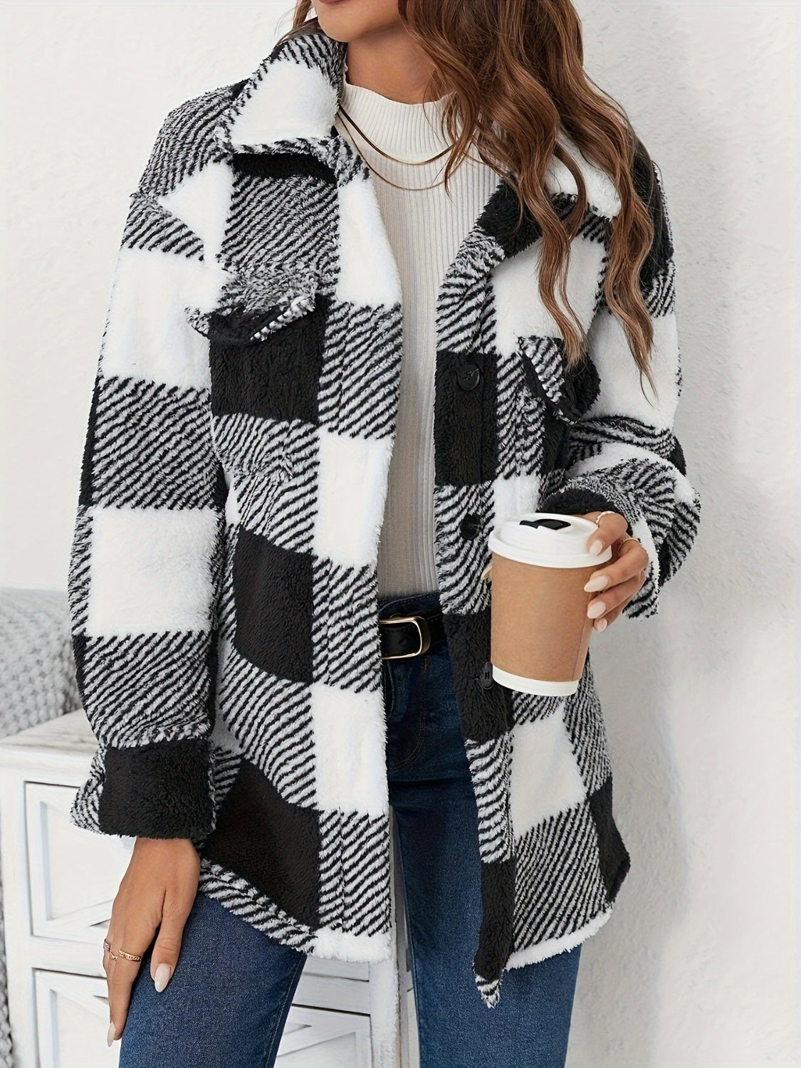 Plaid Button Up Long Sleeve Fuzzy Outerwear - Classy Blonde Boutique