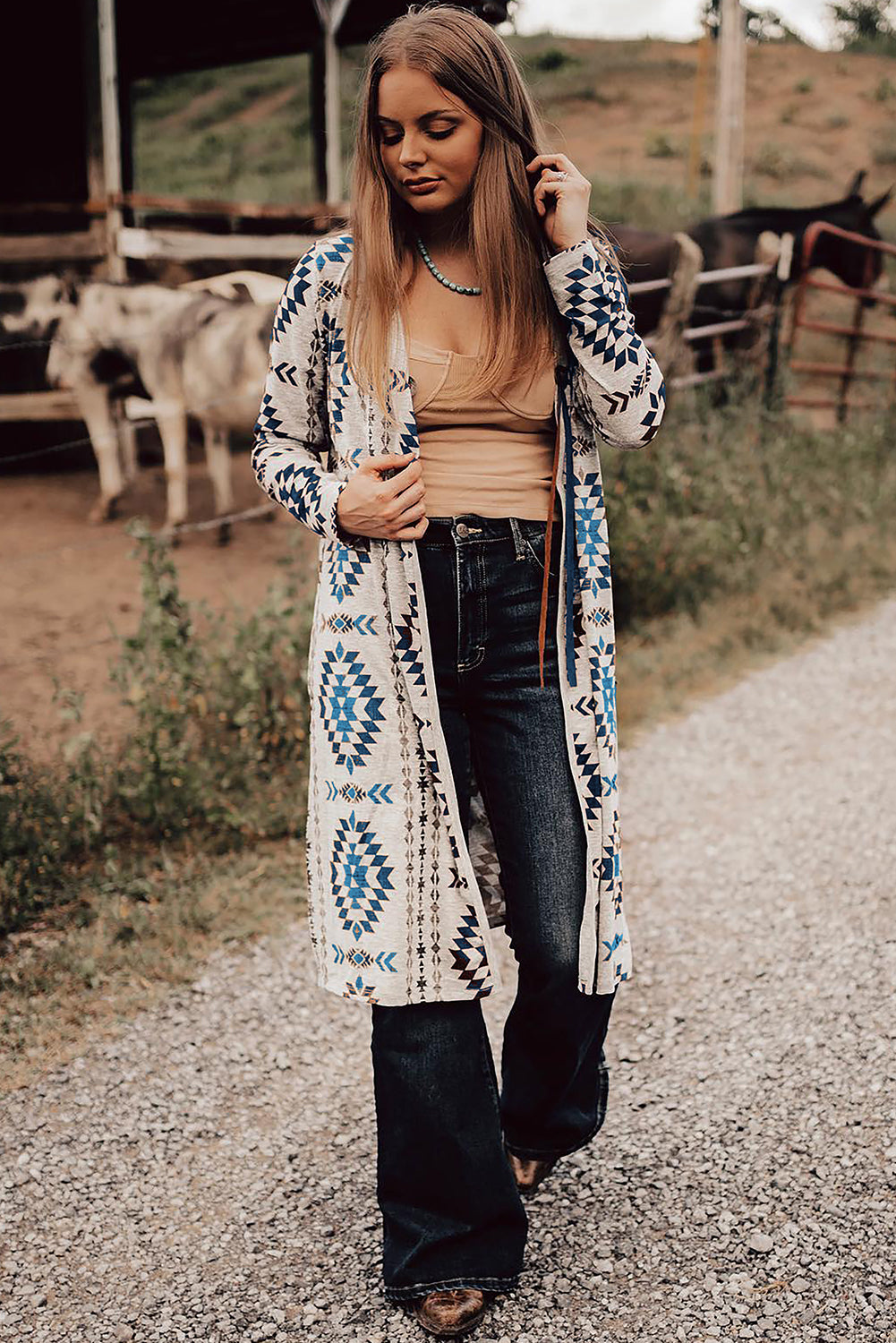 Western Aztec Printed Open Front Long Cardigan - Classy Blonde Boutique