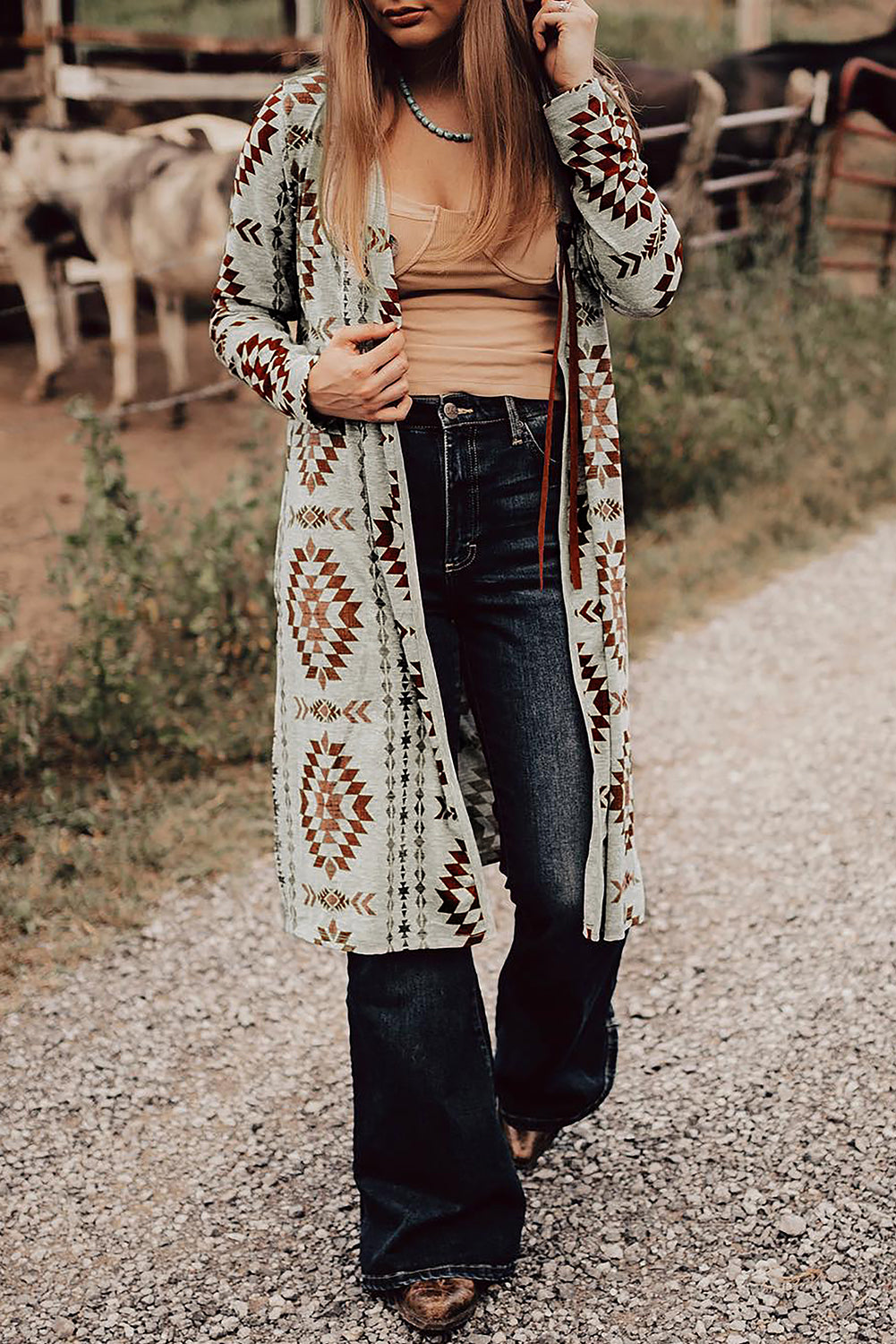 Western Aztec Printed Open Front Long Cardigan - Classy Blonde Boutique