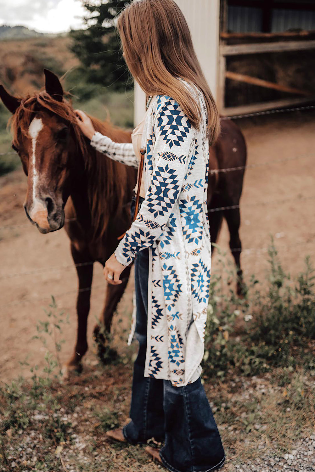 Western Aztec Printed Open Front Long Cardigan - Classy Blonde Boutique