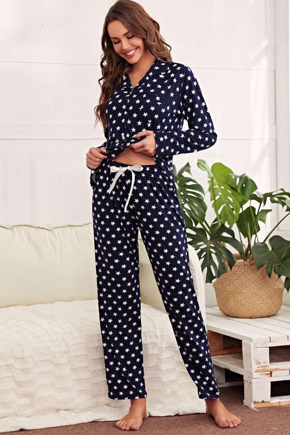 Star Print Button-Up Shirt and Pants Lounge Set - Classy Blonde Boutique
