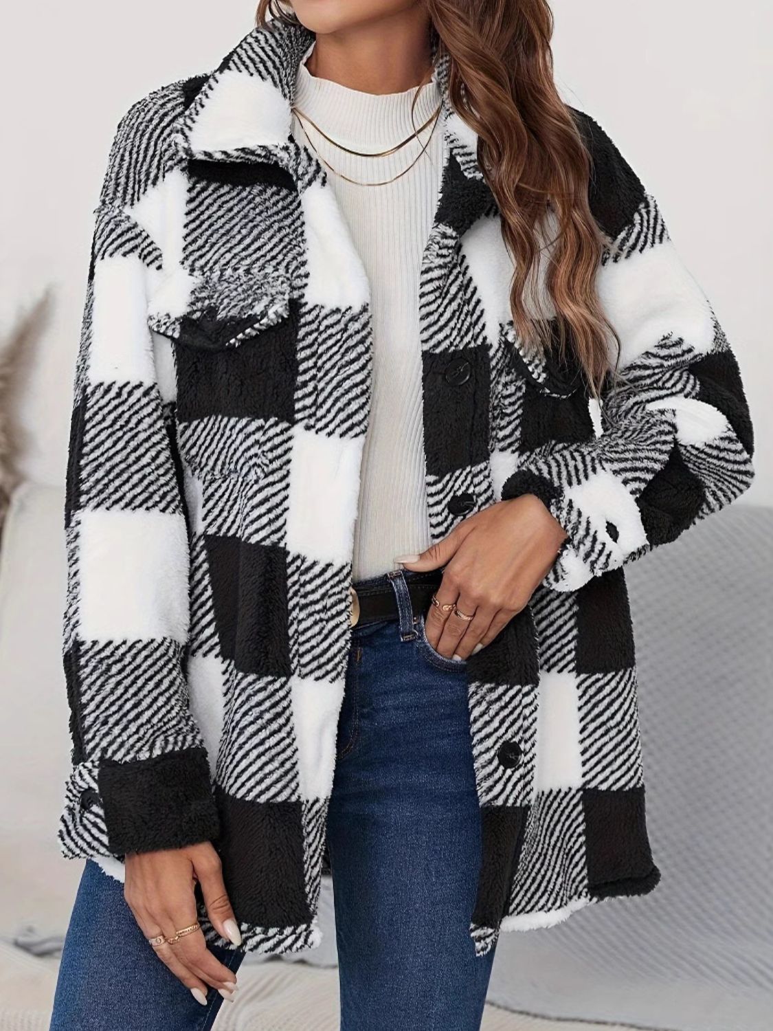 Plaid Button Up Long Sleeve Fuzzy Outerwear - Classy Blonde Boutique