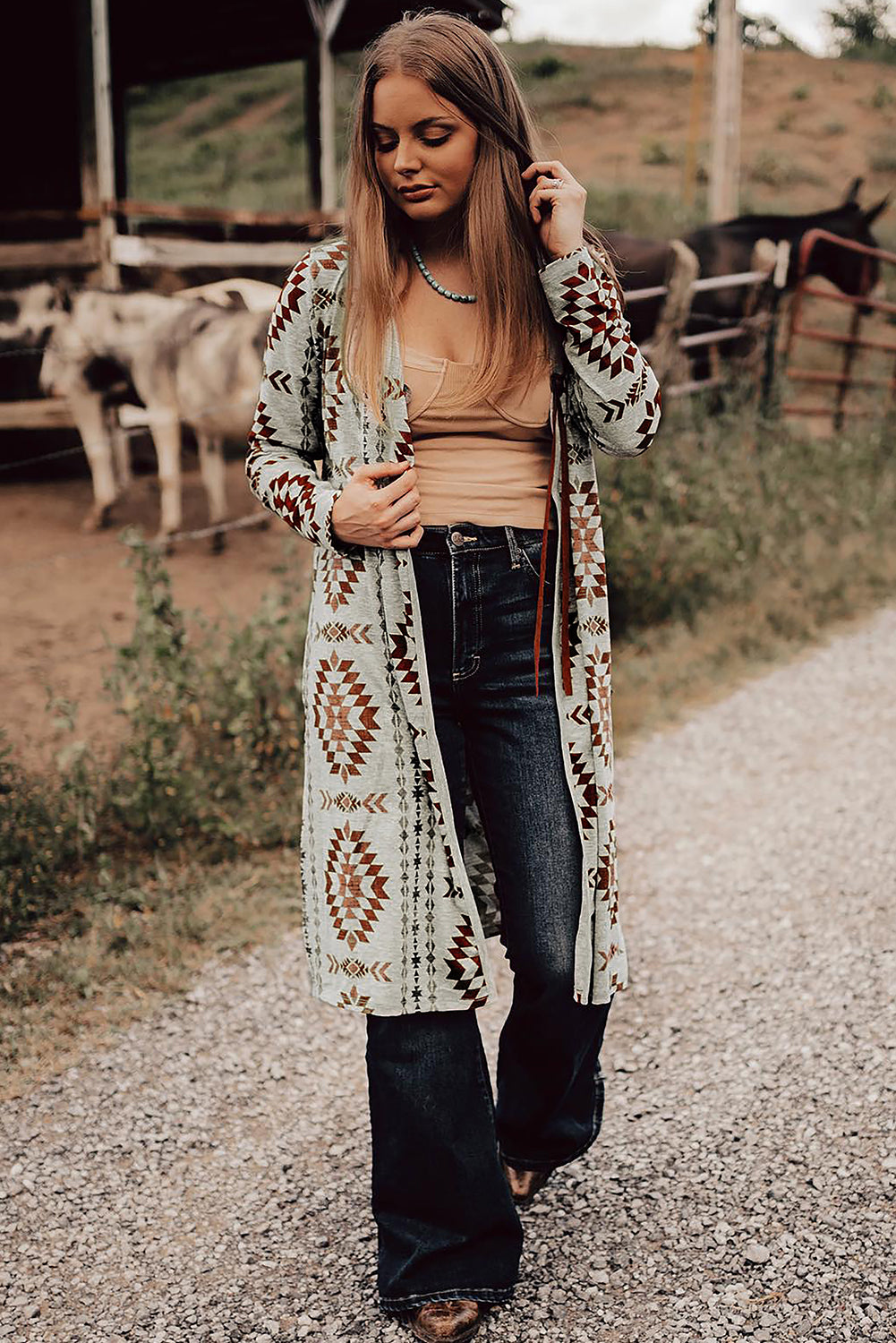 Western Aztec Printed Open Front Long Cardigan - Classy Blonde Boutique