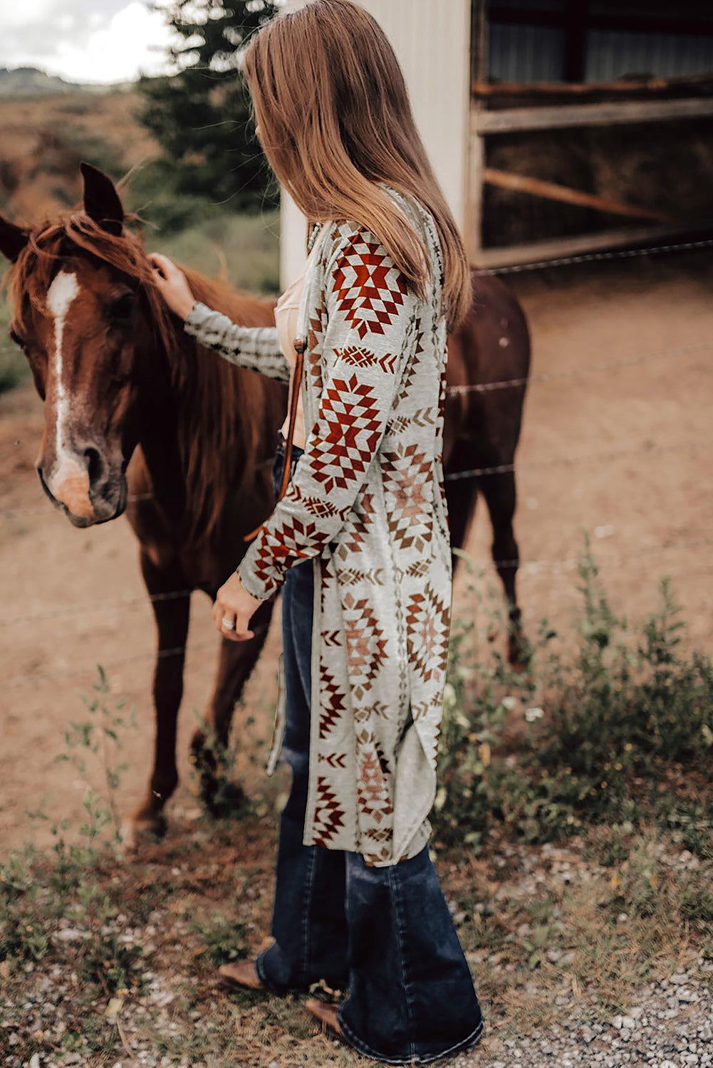 Western Aztec Printed Open Front Long Cardigan - Classy Blonde Boutique