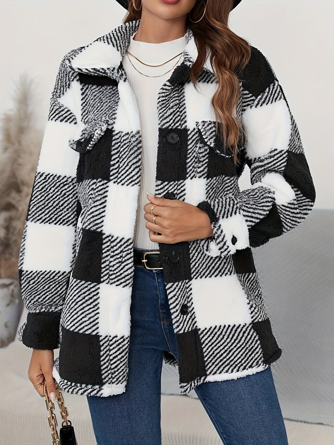 Plaid Button Up Long Sleeve Fuzzy Outerwear - Classy Blonde Boutique