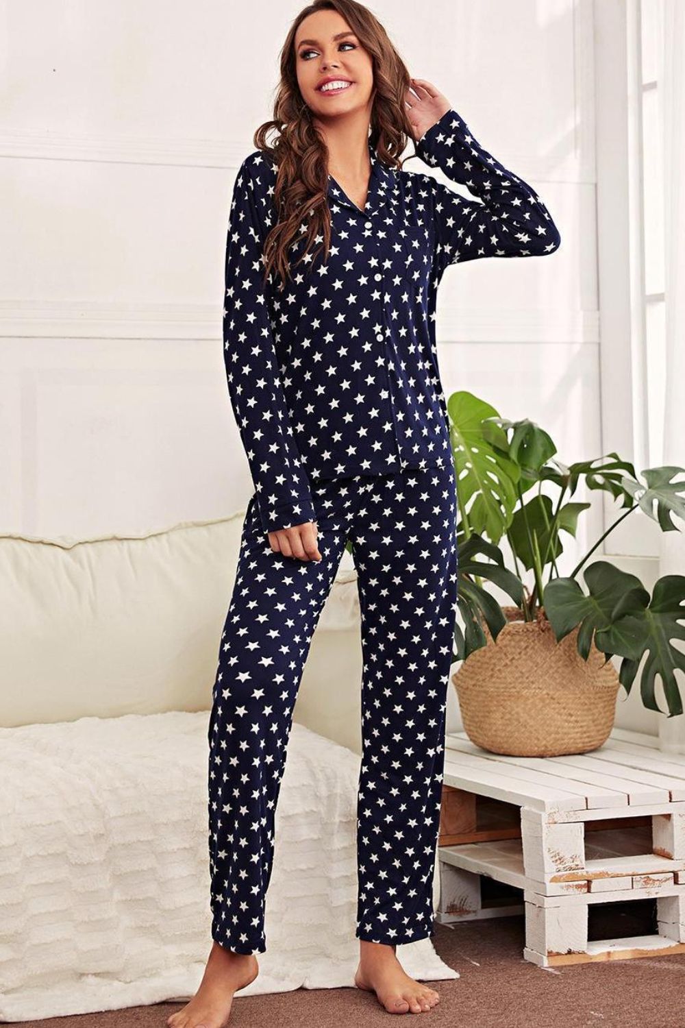 Star Print Button-Up Shirt and Pants Lounge Set - Classy Blonde Boutique