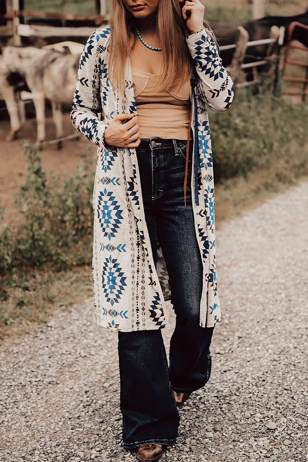 Western Aztec Printed Open Front Long Cardigan - Classy Blonde Boutique