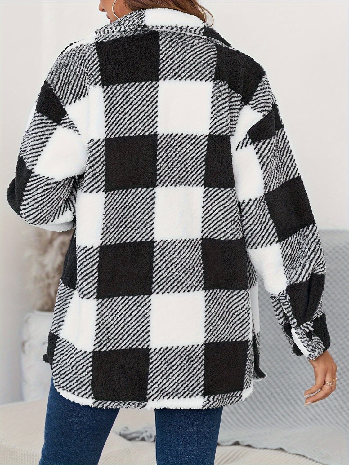 Plaid Button Up Long Sleeve Fuzzy Outerwear - Classy Blonde Boutique