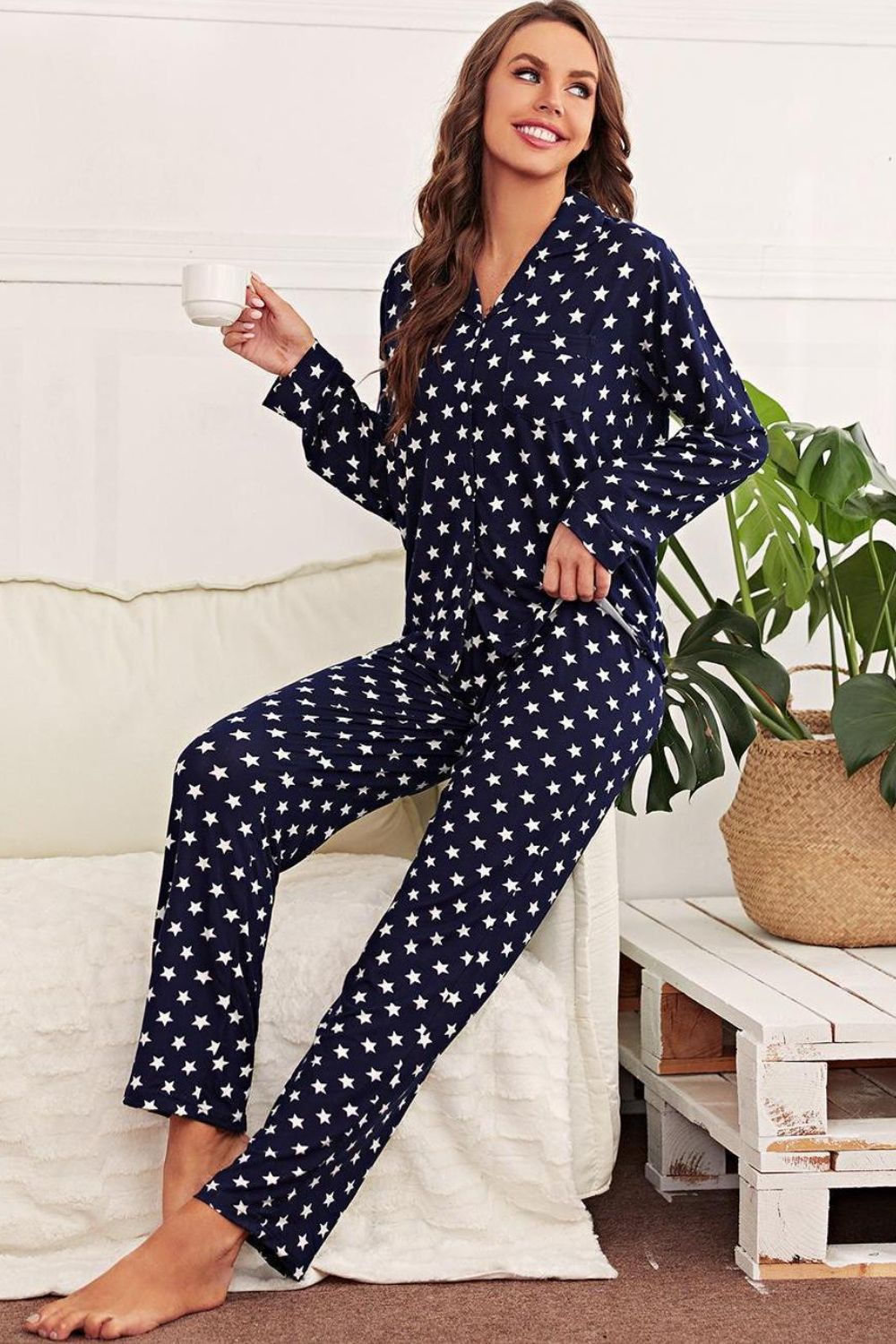 Star Print Button-Up Shirt and Pants Lounge Set - Classy Blonde Boutique